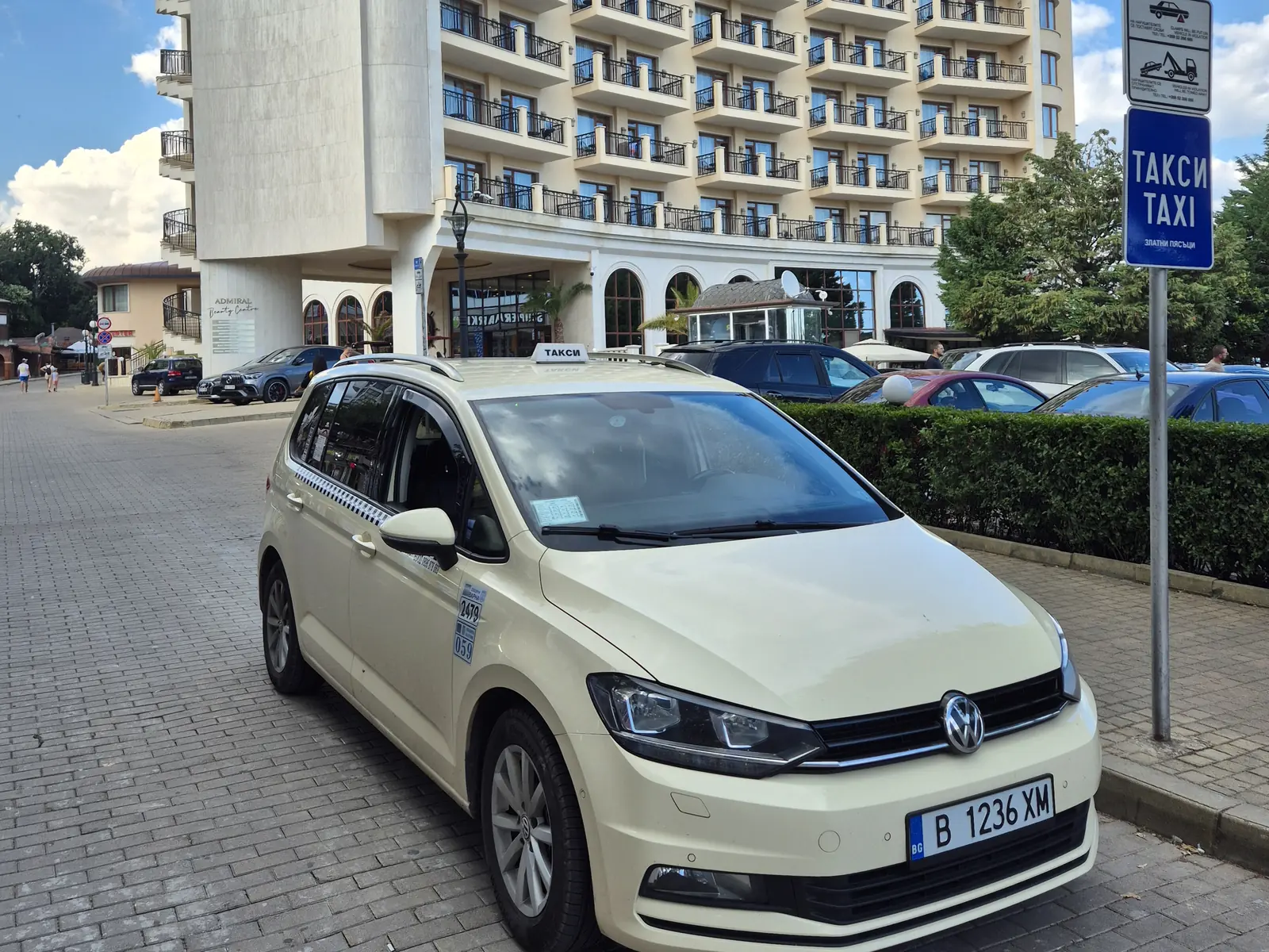Taxi by the taxi sign outside Hotel Admiral in Golden Sands