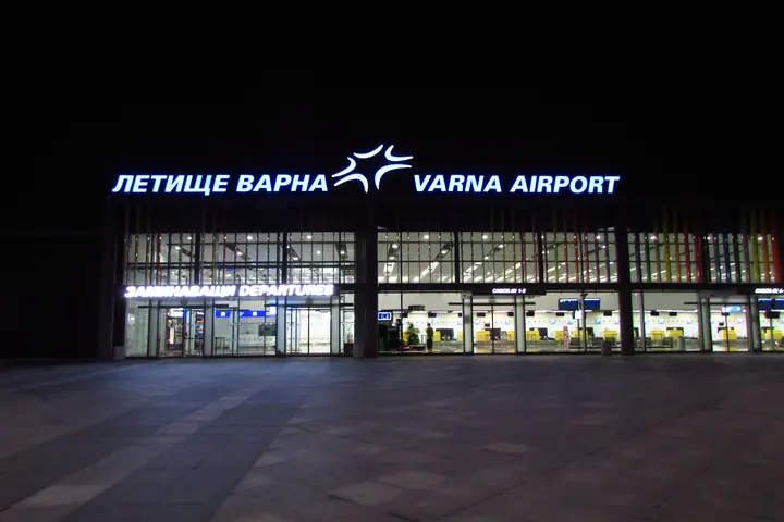 Varna Airport terminal entrance at night